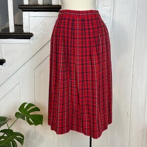 Vintage 90s Eddie Bauer red and black plaid / tartan midi skirt with embroidery